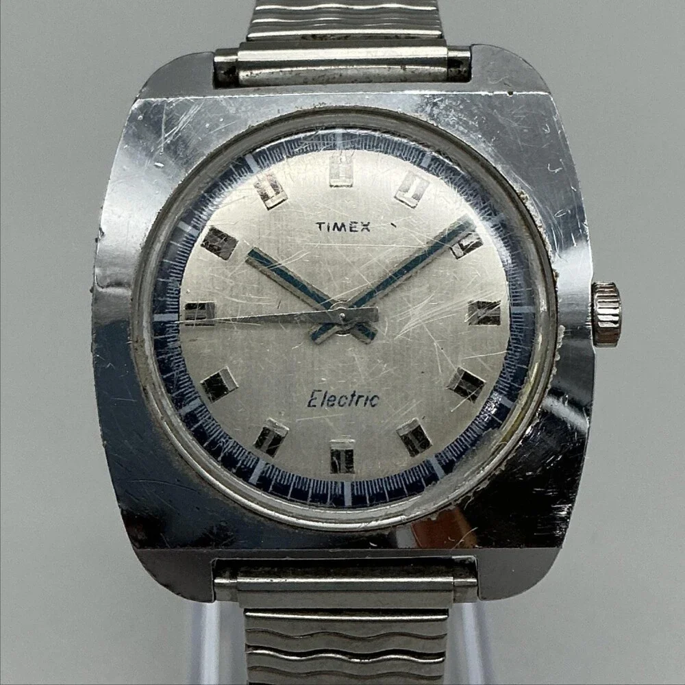 Vintage Timex Electric Mens Watch 37mm Silver Tone Cushion For Parts Not Running